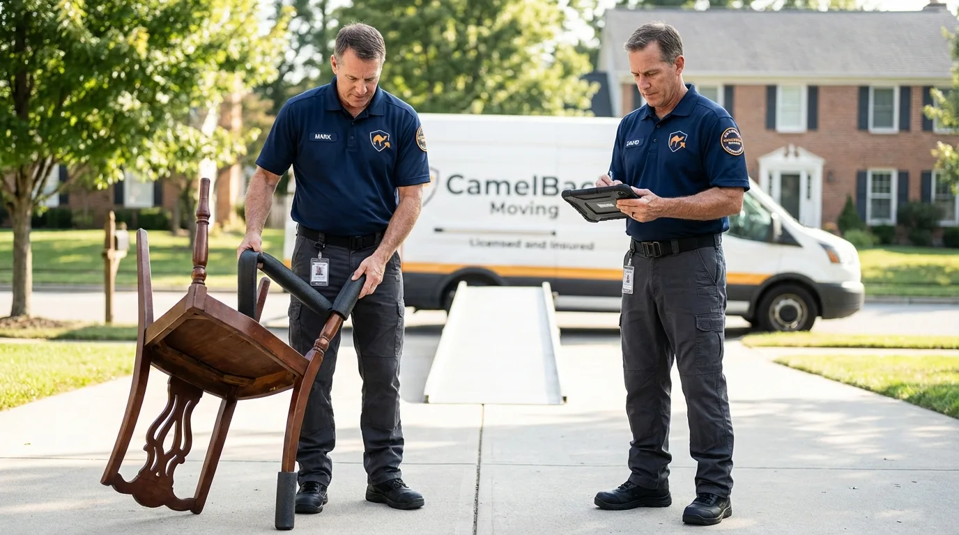 Movers inspecting furniture for damage prevention before loading in Hazlehurst, GA