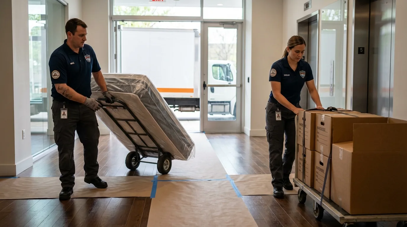 Professional apartment movers loading elevator in Hazlehurst, GA